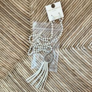 Giddy Up Glamour Cream Beaded Necklace with Tassel and Matching Earrings